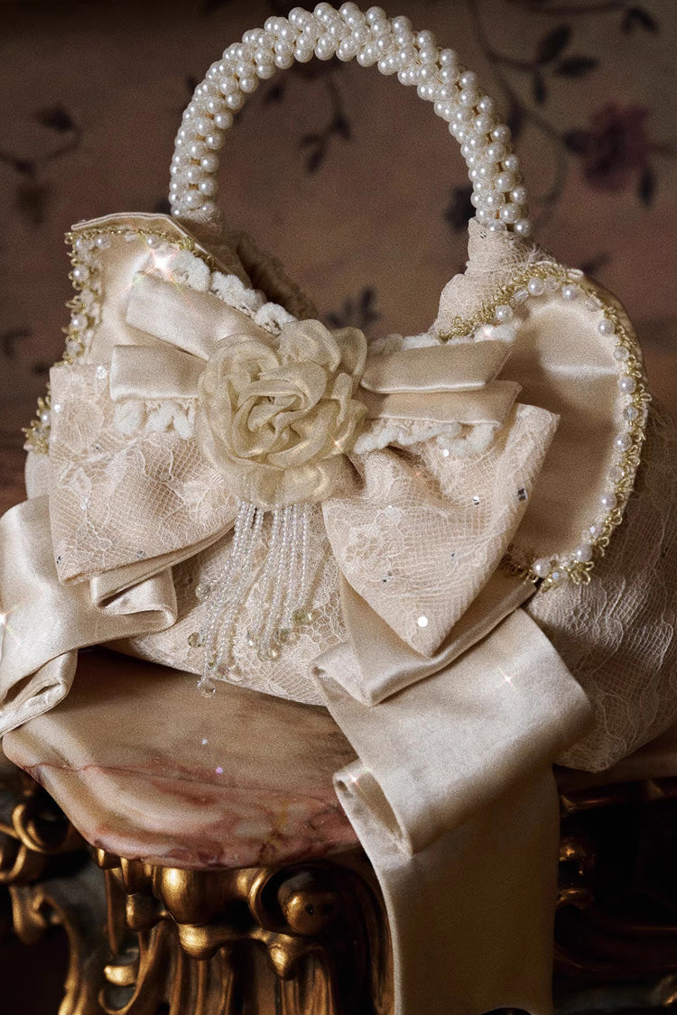 Gilded Pearl Bow Satin Handbag in Champagne