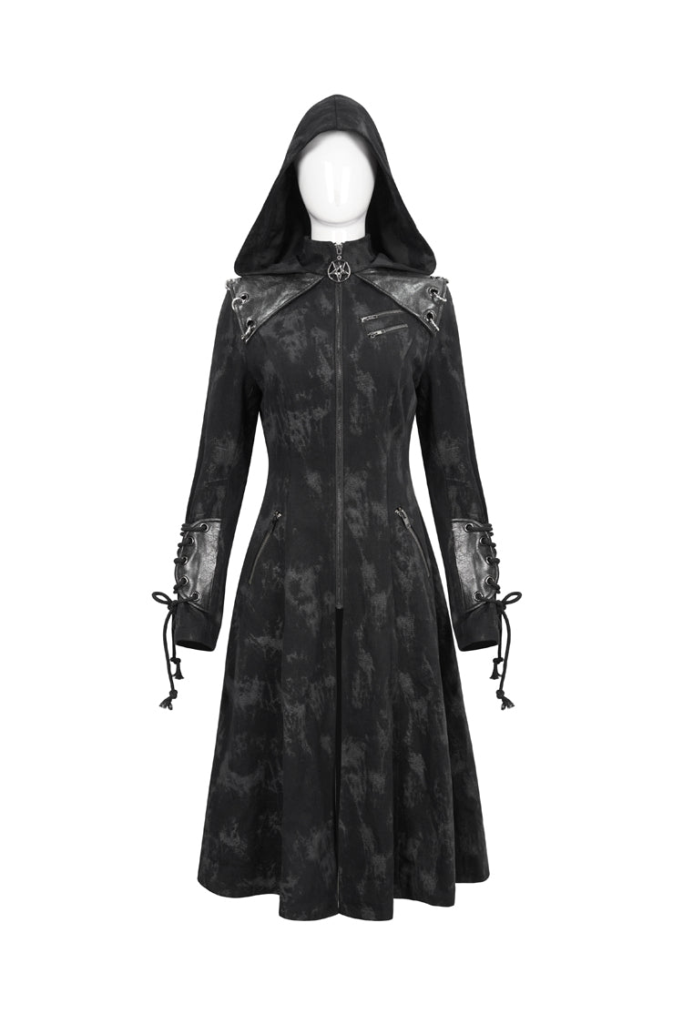 Long Punk Coat for Women with Hood and Irregular Print in Spliced Black Faux Leather