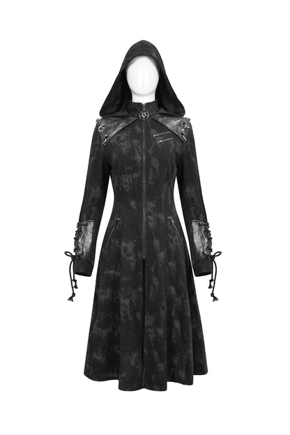 Long Punk Coat for Women with Hood and Irregular Print in Spliced Black Faux Leather