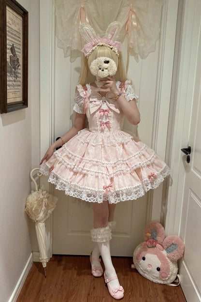 Pink Sweet Mist Cherry Romance Sleeveless Multi Layer Hanayome Bow Lace Lolita JSK