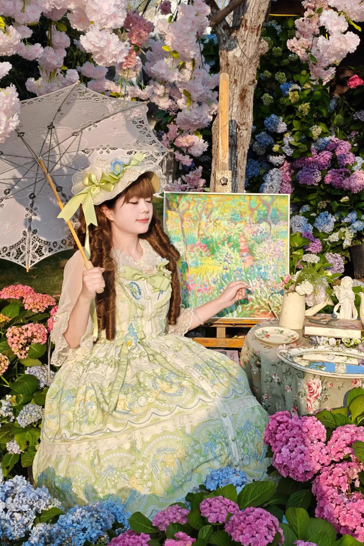 Ivory Green Lily of the Valley Perfume Pearl Candy Tea Doll Collar Sleeveless Print Lace Plus Sweet Lolita JSK