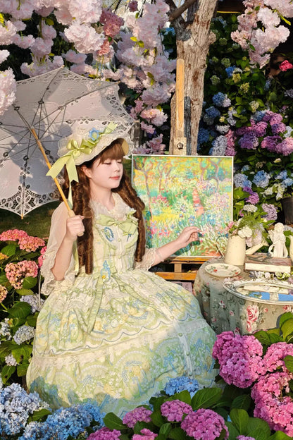 Ivory Green Lily of the Valley Perfume Pearl Candy Tea Doll Collar Sleeveless Print Lace Plus Sweet Lolita JSK
