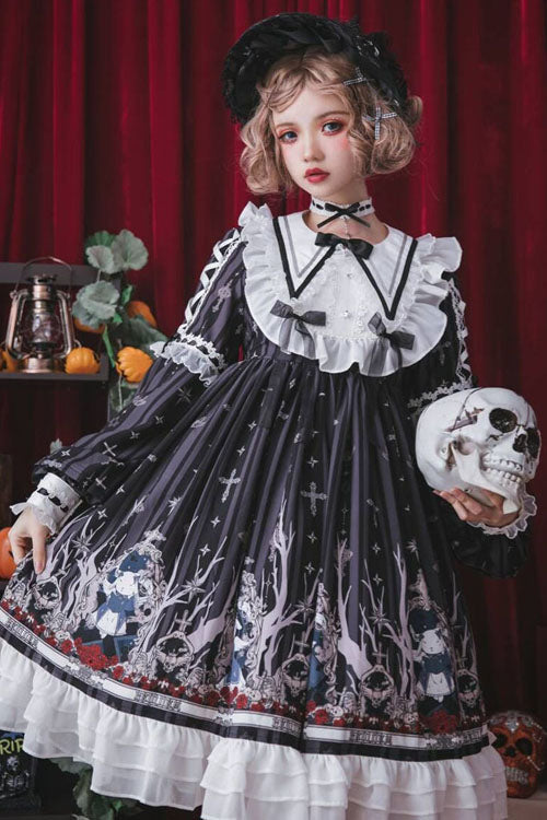 Black Gothic OP Dress Lolita College Style Round Collar Long Sleeves - Altfashion Shop