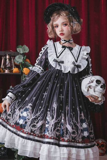 Black Gothic OP Dress Lolita College Style Round Collar Long Sleeves - Altfashion Shop
