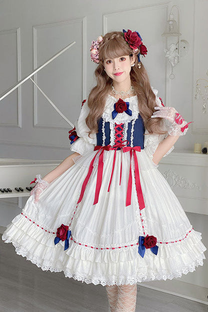 Blue OP Tiered Dress Sweet Lolita Round Collar Short Sleeves - Altfashion Shop