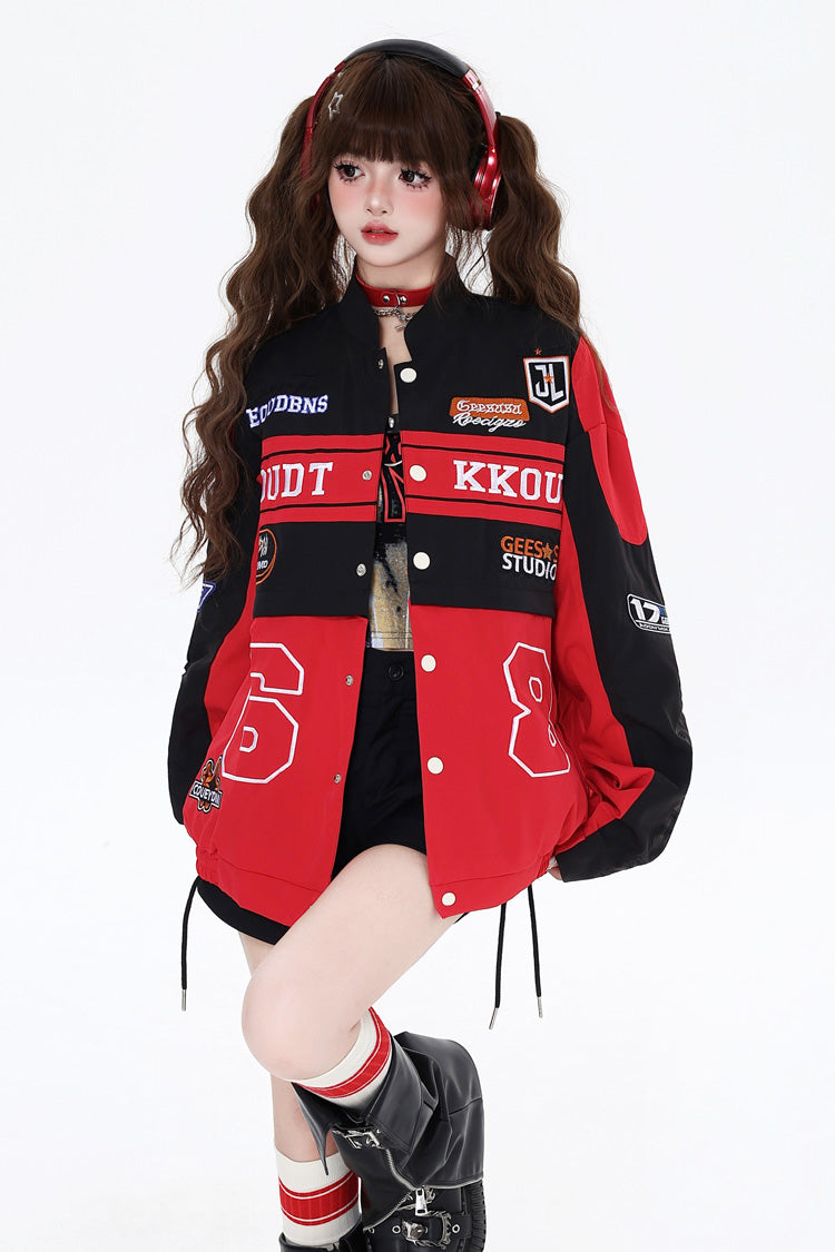 Biker Girl Print Embroidery Zip Detachable Coat Three Colors