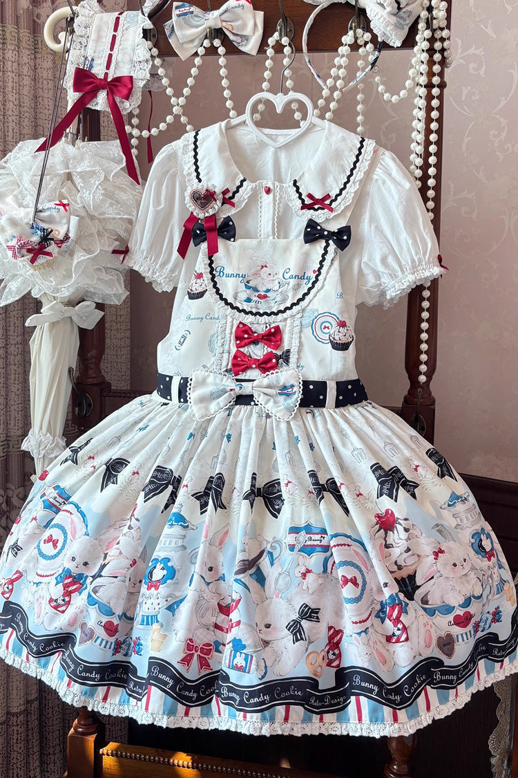 Mystery Rabbit Tea Party Sleeveless Print Bowknot Lace Sweet Lolita Strap Dress in Beige