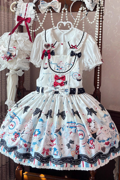 Mystery Rabbit Tea Party Sleeveless Print Bowknot Lace Sweet Lolita Strap Dress in Beige
