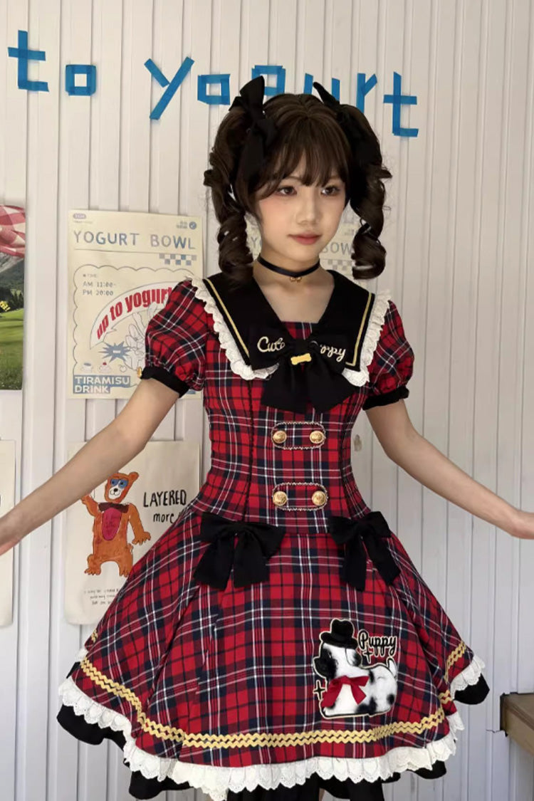Crimson Dalmatian Bowknot Mini Sweet Lolita Gown with Short Sleeves