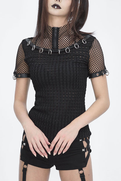 Punk Short-Sleeve Top with Mesh and Ring Embellishments