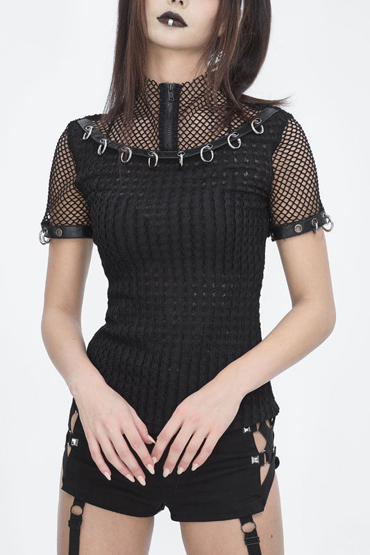Punk Short-Sleeve Top with Mesh and Ring Embellishments