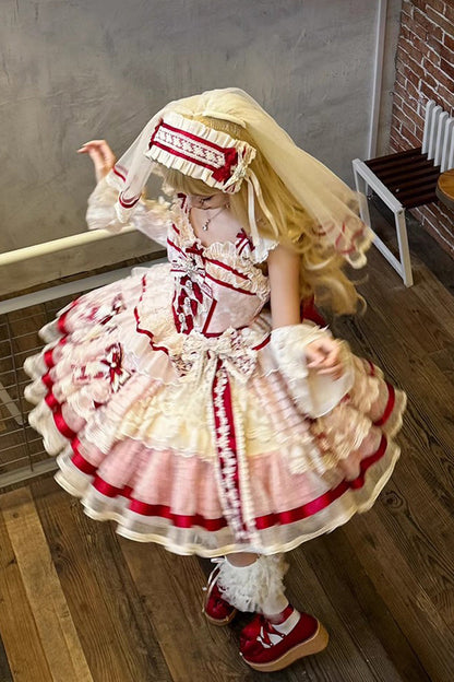 Rose Moonstone Sleeveless Ruffle Embroidery Bow Lace Fishbone Sweet Princess Gown