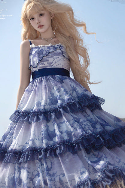 Multihued Layered Cloud Print Ribboned Lolita Jumper