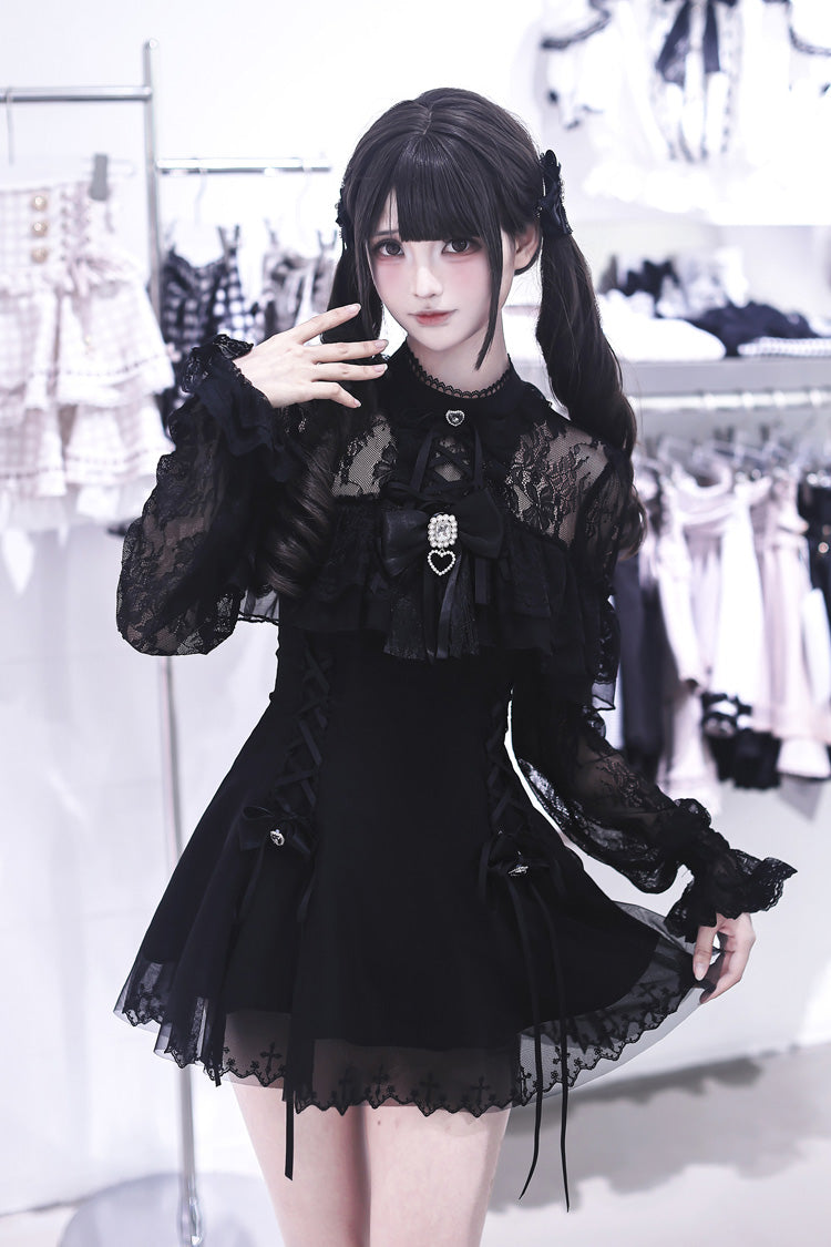 Lace Doll Round Collar Long Sleeves Ruffled Cut-Out Embroidered Bow Lace Gothic Jirai Kei Japanese Dress
