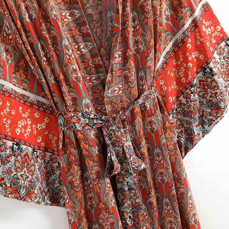 Boho Vintage Rot Print Gürtel Robe Cardigan Oberbekleidung