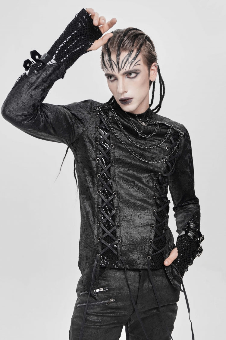Men's Punk Blouse with Lace-Up Front and Chain Accents