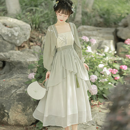 Sweet Orchid Embroidery Cardigan Slip Dress