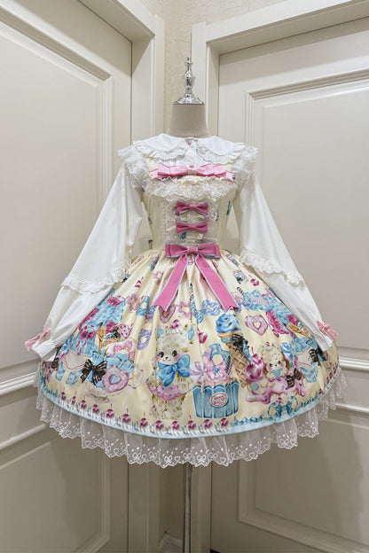 Sunny Bear Print Ruffled Bow Lace Princess JSK Outfit
