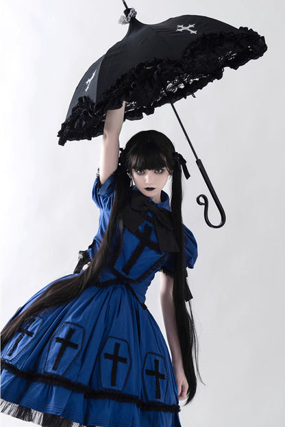 Blue Cross Short Puff Sleeves Two-Piece Gothic Lolita Dress