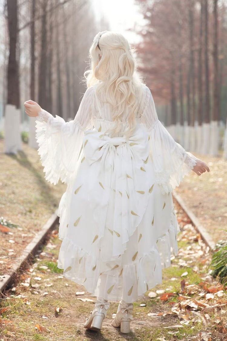 Feather Snowflake Embroidery Print Sleeveless Ruffle Bow Sweet JSK Dress