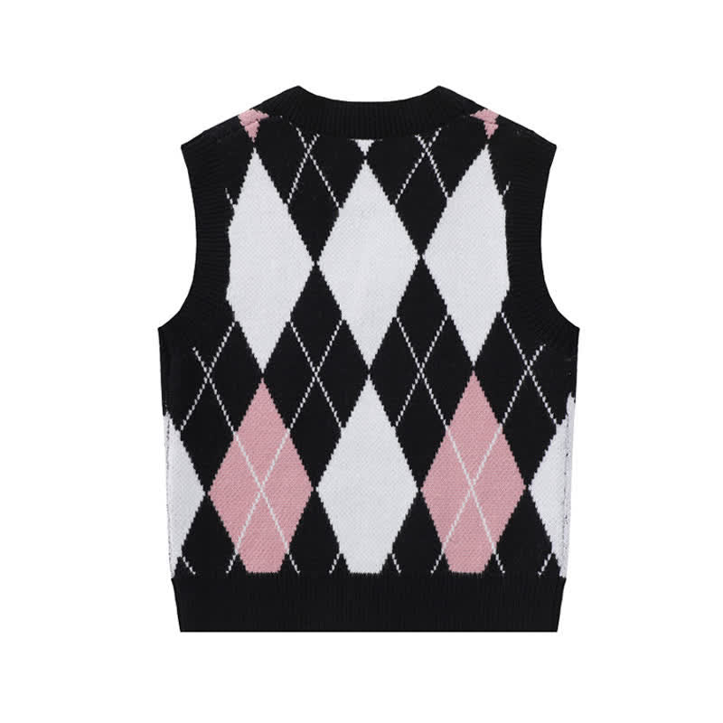 Skirt Pink Sleeve Pleated Rhombus Print Shirt Long Vest