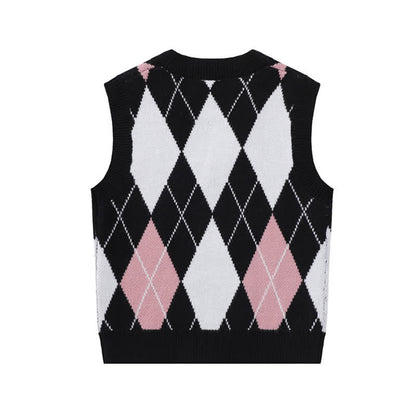 Skirt Pink Sleeve Pleated Rhombus Print Shirt Long Vest