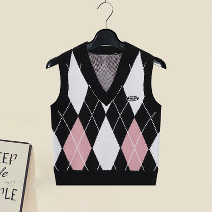 Skirt Pink Sleeve Pleated Rhombus Print Shirt Long Vest