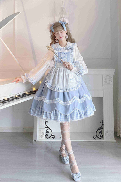 Blue JSK Dress Sweet Lolita Lapel Collar Bowknot Ruffled - Altfashion Shop