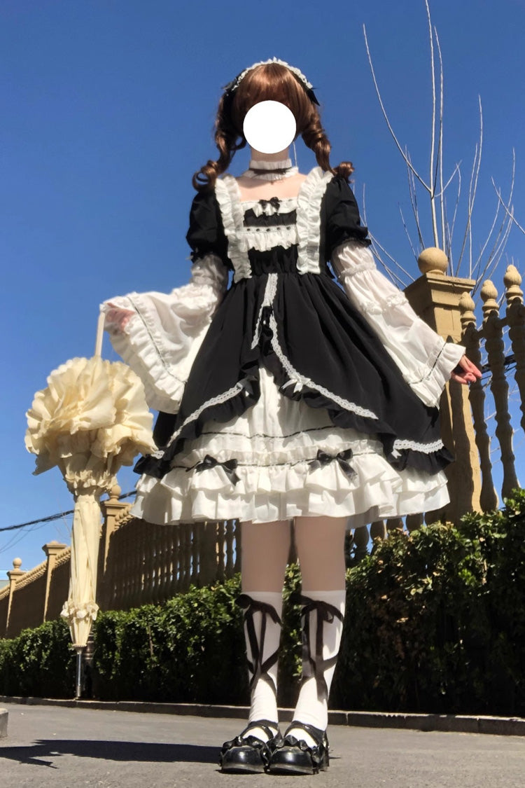 White Black Long Hime Sleeves Ruffled Cardigan Bow Gothic Lolita Dress