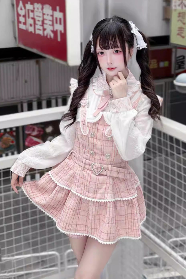 Lapel Collar Long Sleeves Jacquard Ruffled Bow Jirai Kei Japanese Blouse