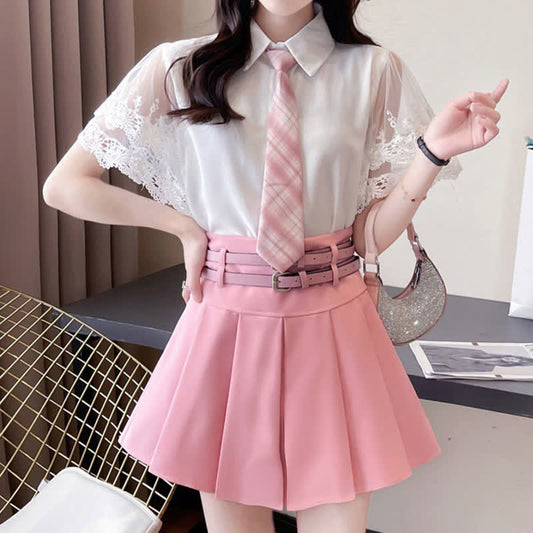 Lace Sleeve Tie T-Shirt Belted Pleated Skirt Set