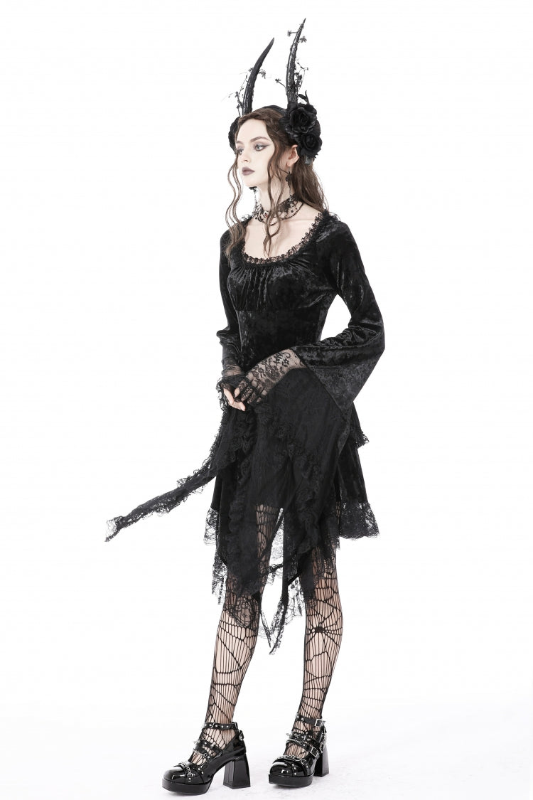 Long Trumpet Sleeve Lace Spliced Black Gothic Velvet Dress