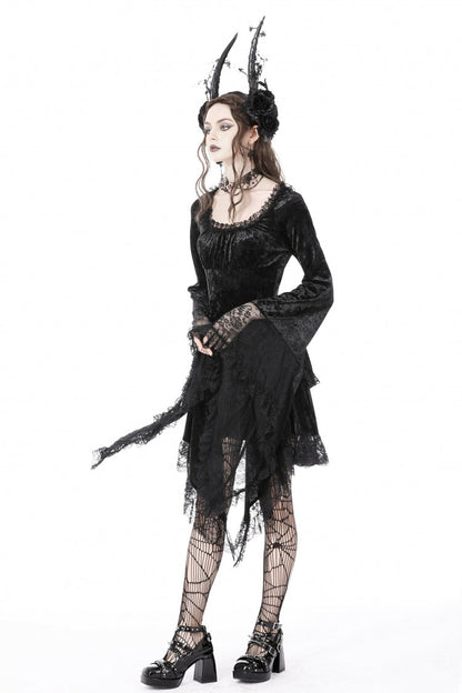 Long Trumpet Sleeve Lace Spliced Black Gothic Velvet Dress