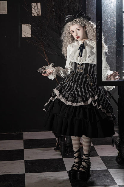 Black Manor Multi-layer Striped Ruffle Gothic Lolita Skirt