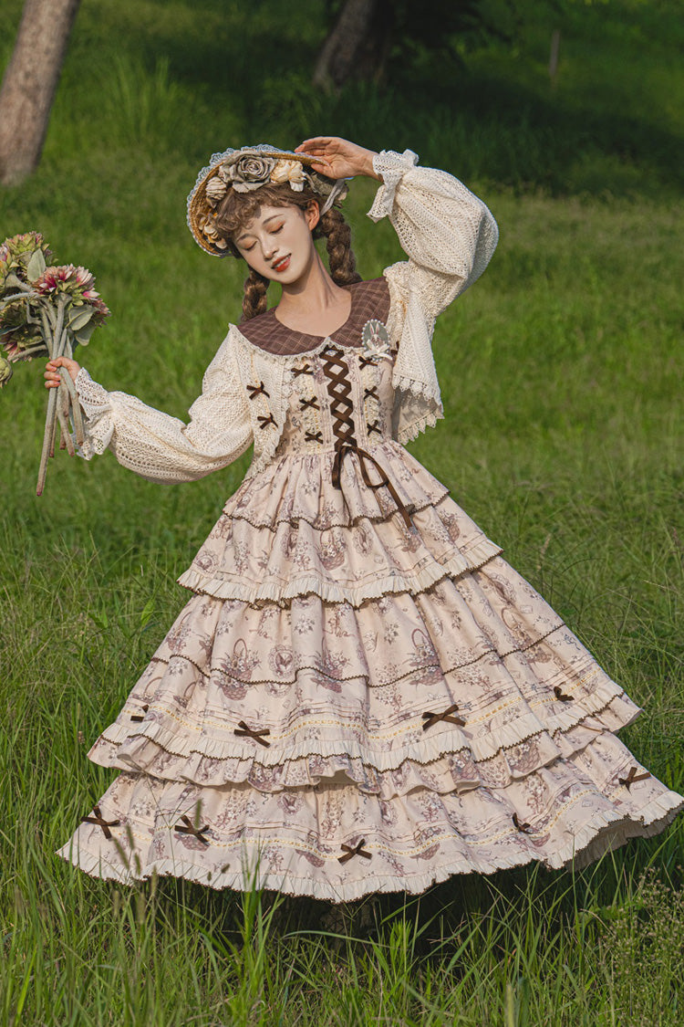 Evening Glam Multilayer Printed Ruffled Bow Laced Elegant Gown