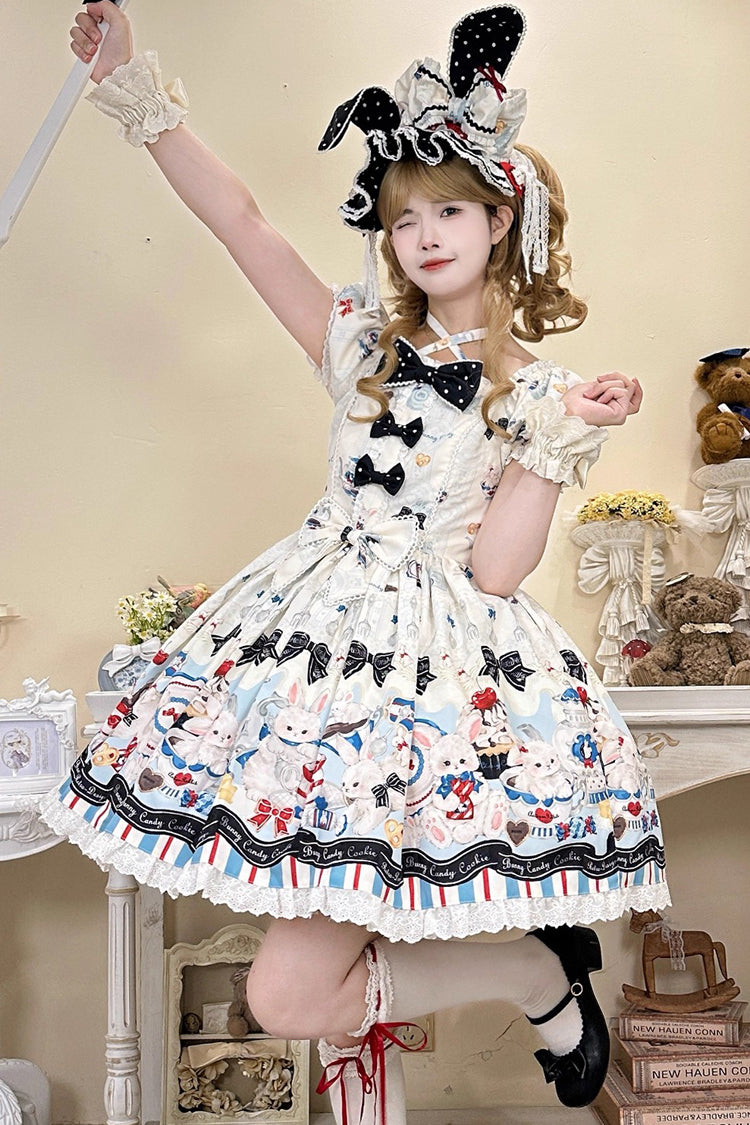 Mystery Rabbit Tea Party Square-Collar Short-Sleeved Print Ruffle Bowknot Lace Sweet Lolita Dress in Beige