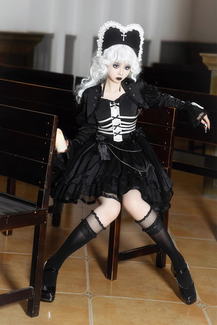 Black Gothic Princess Lolita JSK Dress with Multi-Layer Ruffles and Bowknot