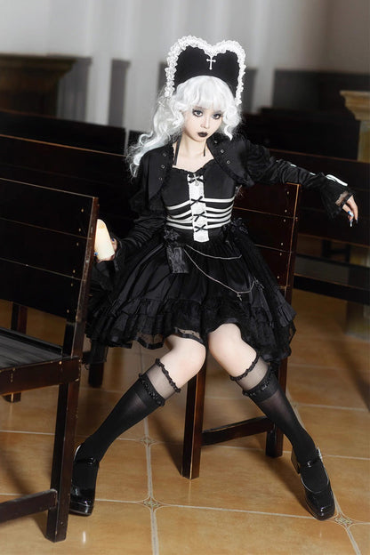 Black Gothic Princess Lolita JSK Dress with Multi-Layer Ruffles and Bowknot