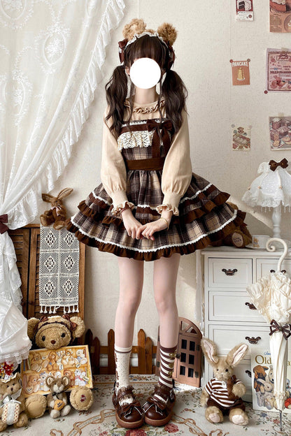 Brown Sleeveless Sweet Lolita Plaid Print Ruffle Bowknot JSK Dress