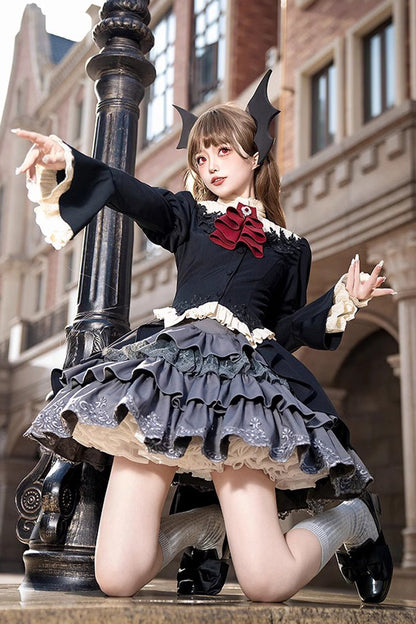 Black Eternal Night Feast Multi-Layer Ruffle Lace Gothic Princess Set