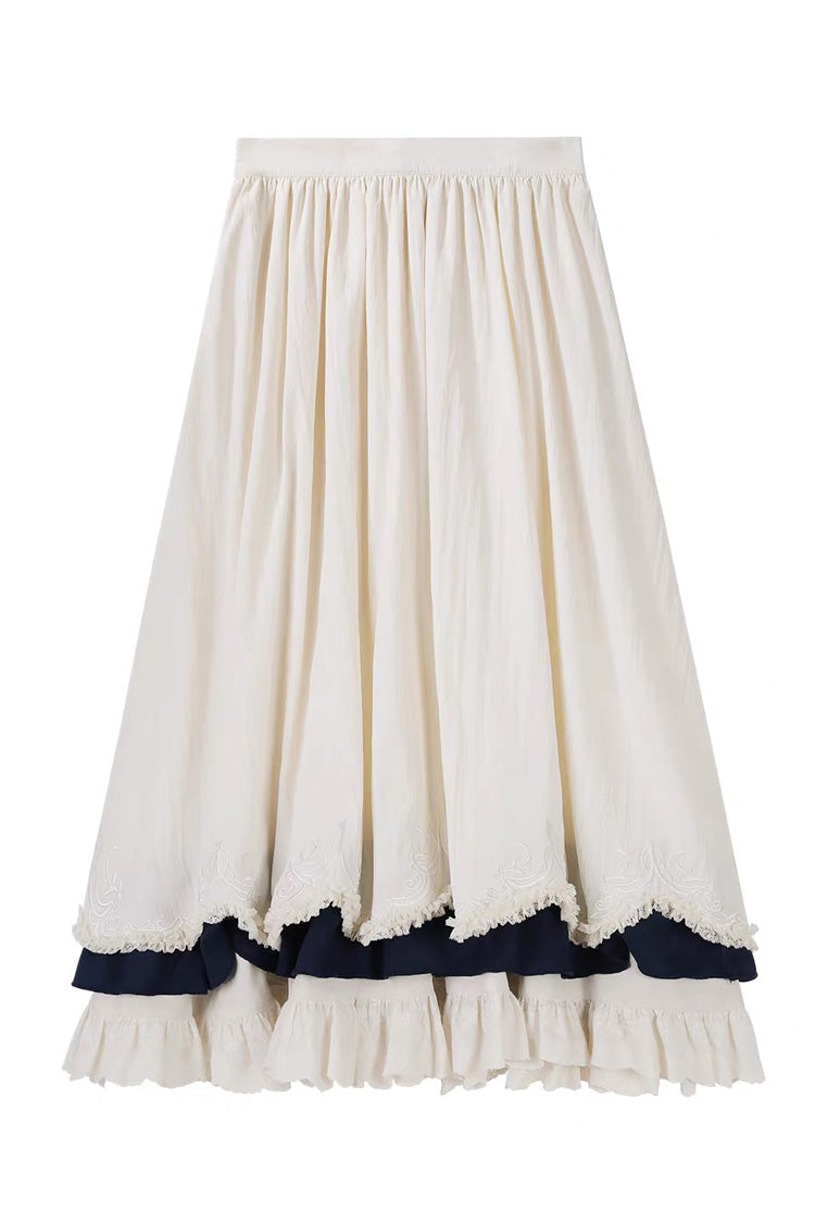 Morning Mist Coast Stand-Collar Long-Sleeved Ruffle Embroidered Vintage Elegant Lolita Skirt Dress Set in Beige