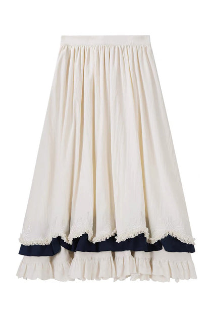 Morning Mist Coast Stand-Collar Long-Sleeved Ruffle Embroidered Vintage Elegant Lolita Skirt Dress Set in Beige