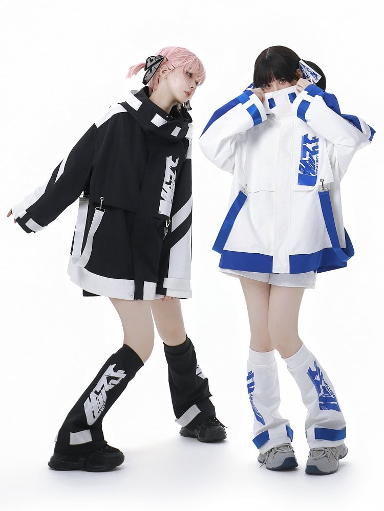 Black and White Jirai Kei Techwear Straps Hooded Windbreaker Jacket