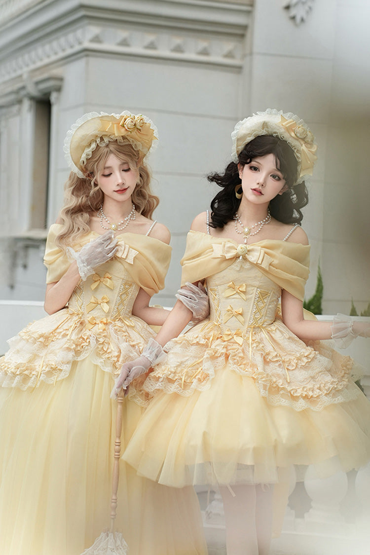 Sissi's Pilgrimage Off Shoulder Ruffle Bow Lace Sweet Lolita Long Skirt in Yellow