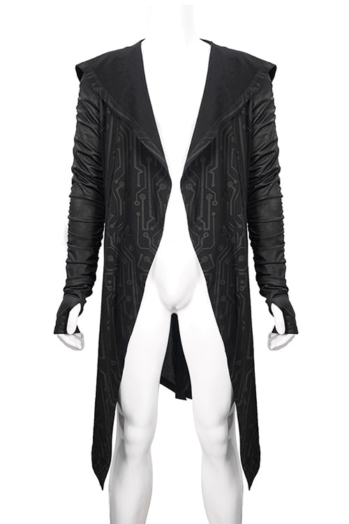 Men's Punk Knit Long Coat with Hood Wrinkled Sleeves Circuit Print