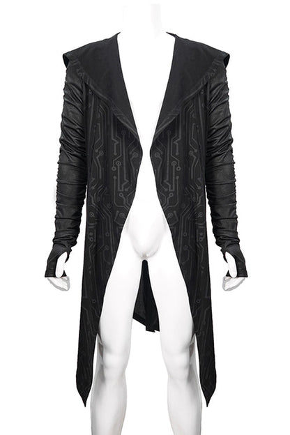 Men's Punk Knit Long Coat with Hood Wrinkled Sleeves Circuit Print
