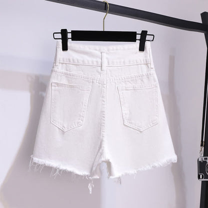 Chic Shorts Pocket Lapel T-Shirt Stripe Denim Ripped