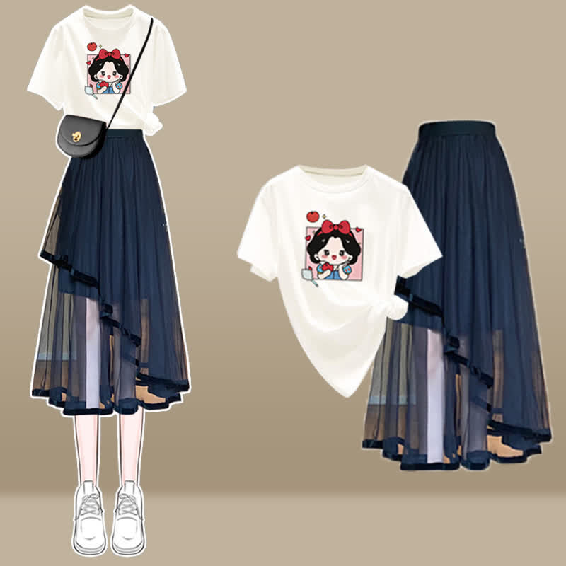 Ensemble t-shirt à imprimé nœud de dessin animé et jupe en tulle irrégulière