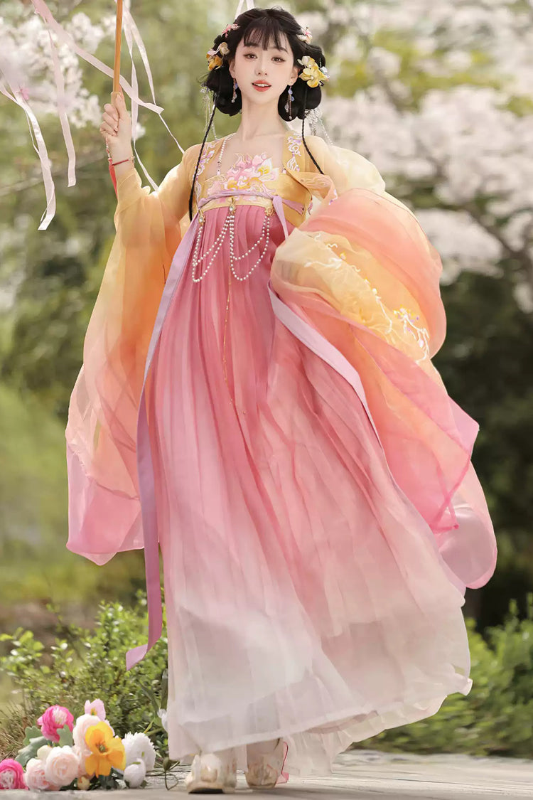 Tang Dynasty Inspired Embroidered High-Waist Hanfu Ensemble in Yellow and Pink