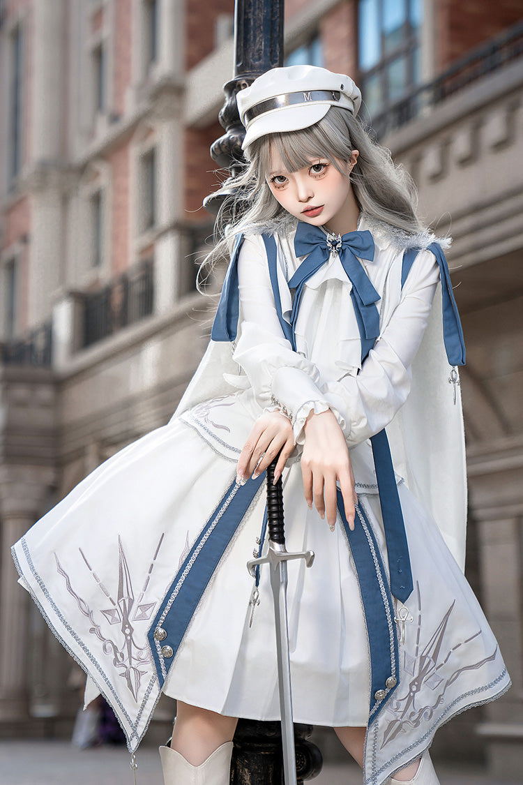 White Blue Star Knight Print Punk Military Princess Handsome Ouji Skirt
